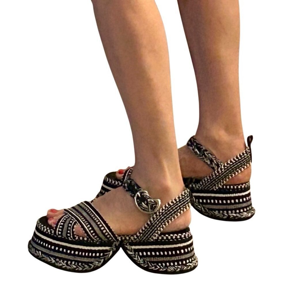 Amambaih Beatriz Platform Sandal Tapestry Noche Black White Blue Meril 40 9 - Picture 3 of 14